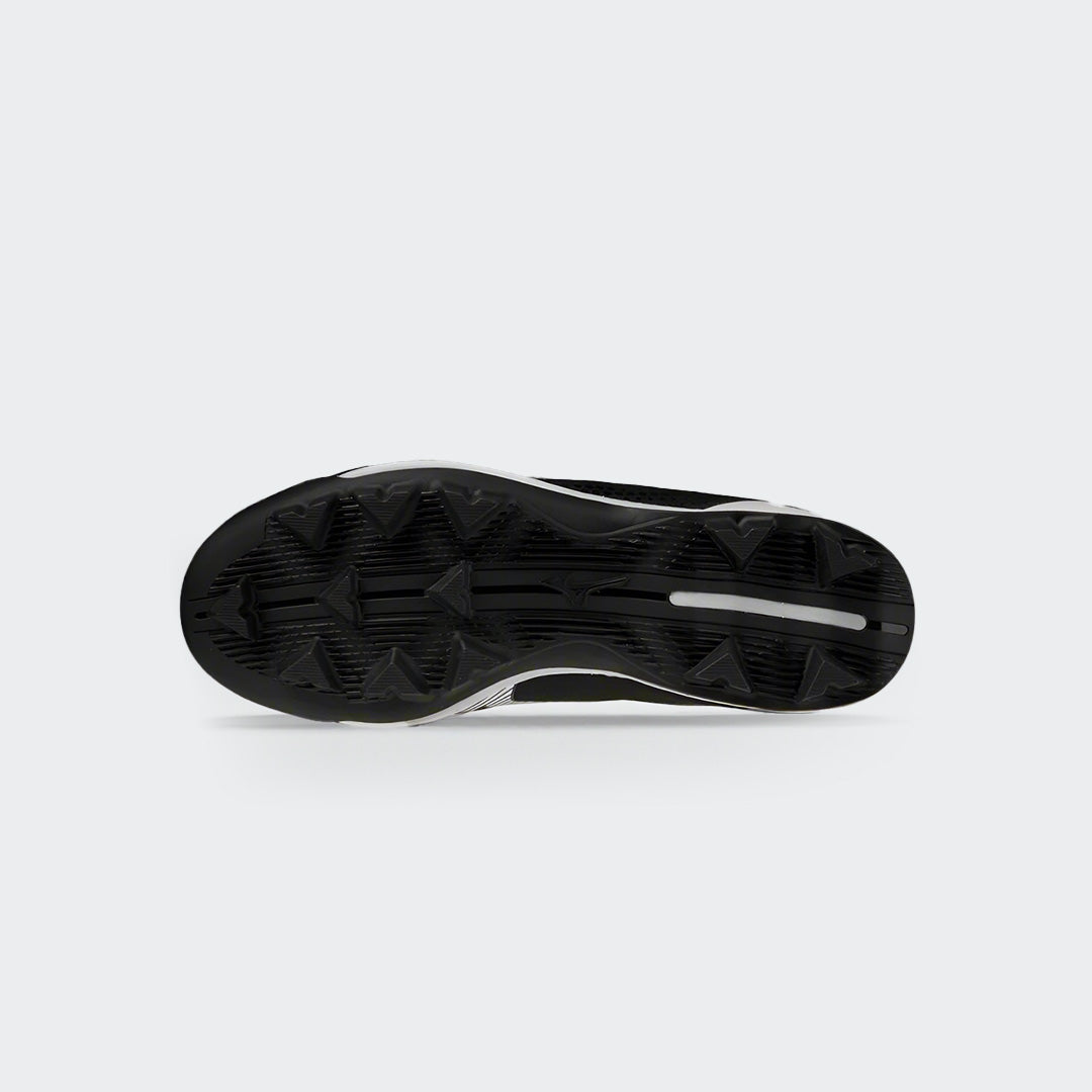 Mizuno Finch black baseball shoes, bottom view of sole and cleats
