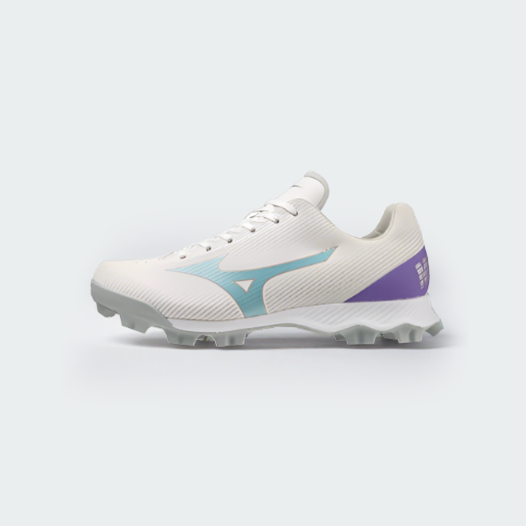 Mizuno Finch white baseball shoes, left side view