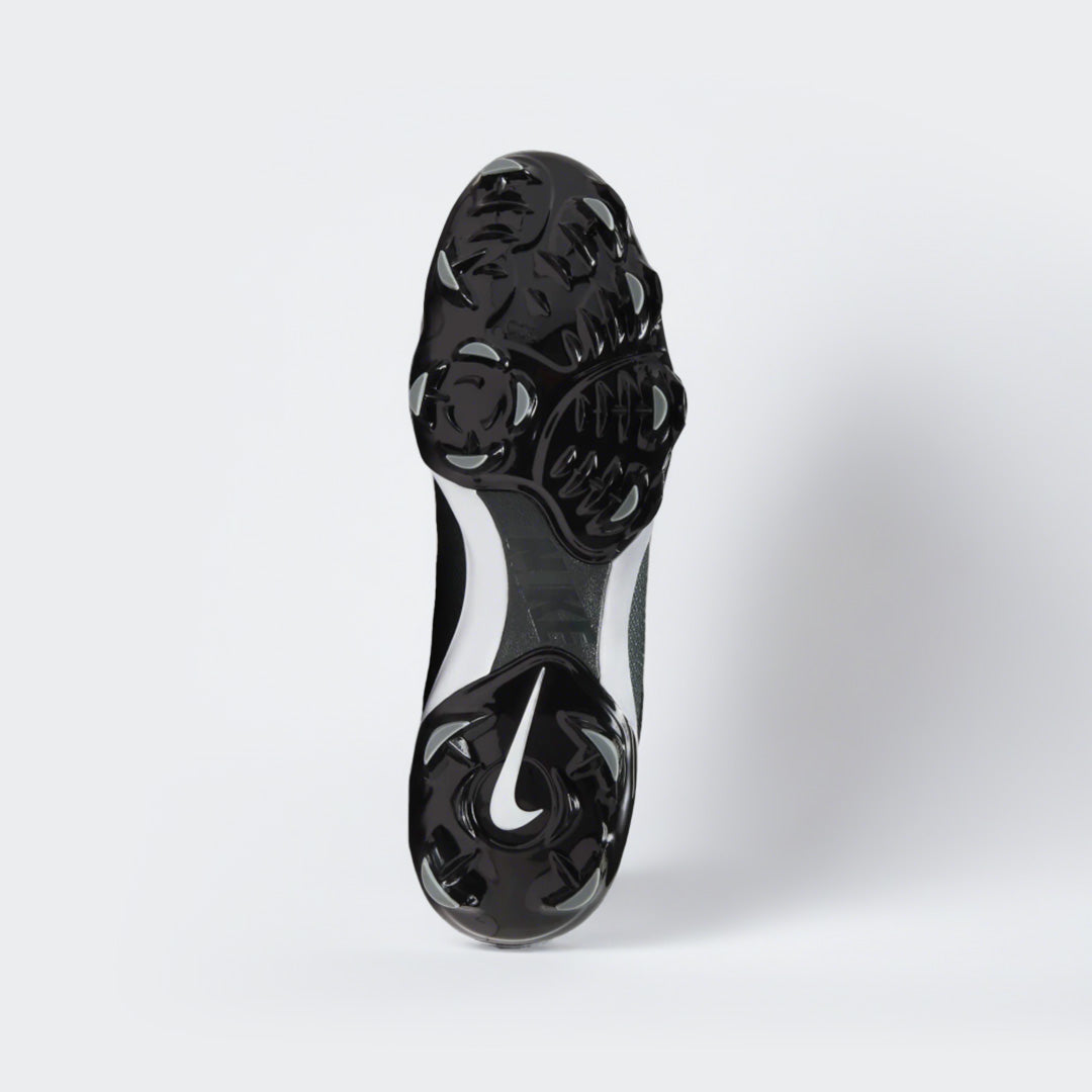 Nike Force black baseball shoes, bottom view of sole and cleats with white swoosh