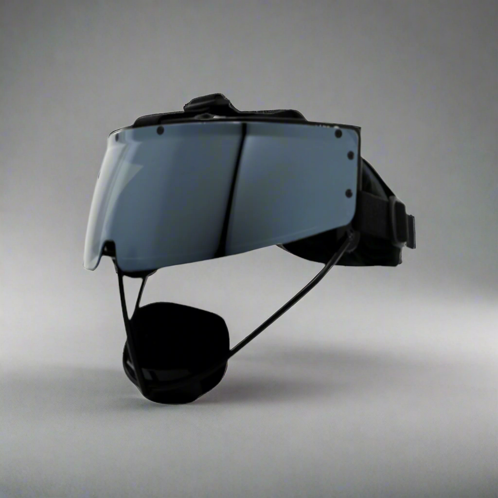 Black goggles with a reflective lens on a light gray background