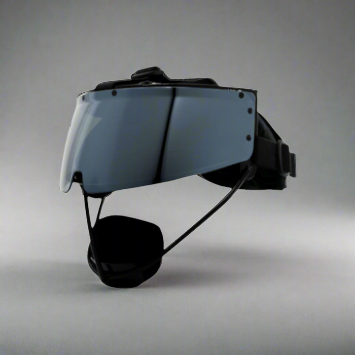 Black goggles with a reflective lens on a light gray background