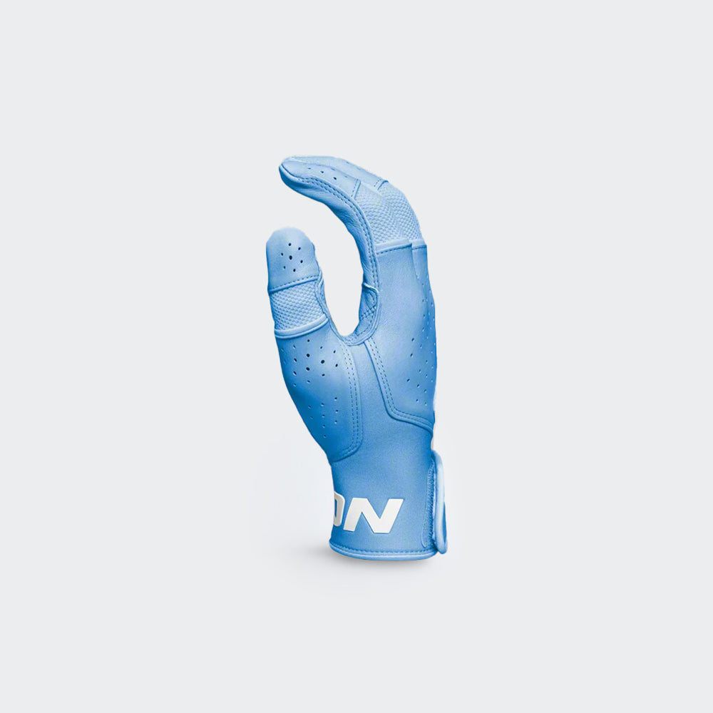 Left side view of Easton Mav Pro blue batting gloves