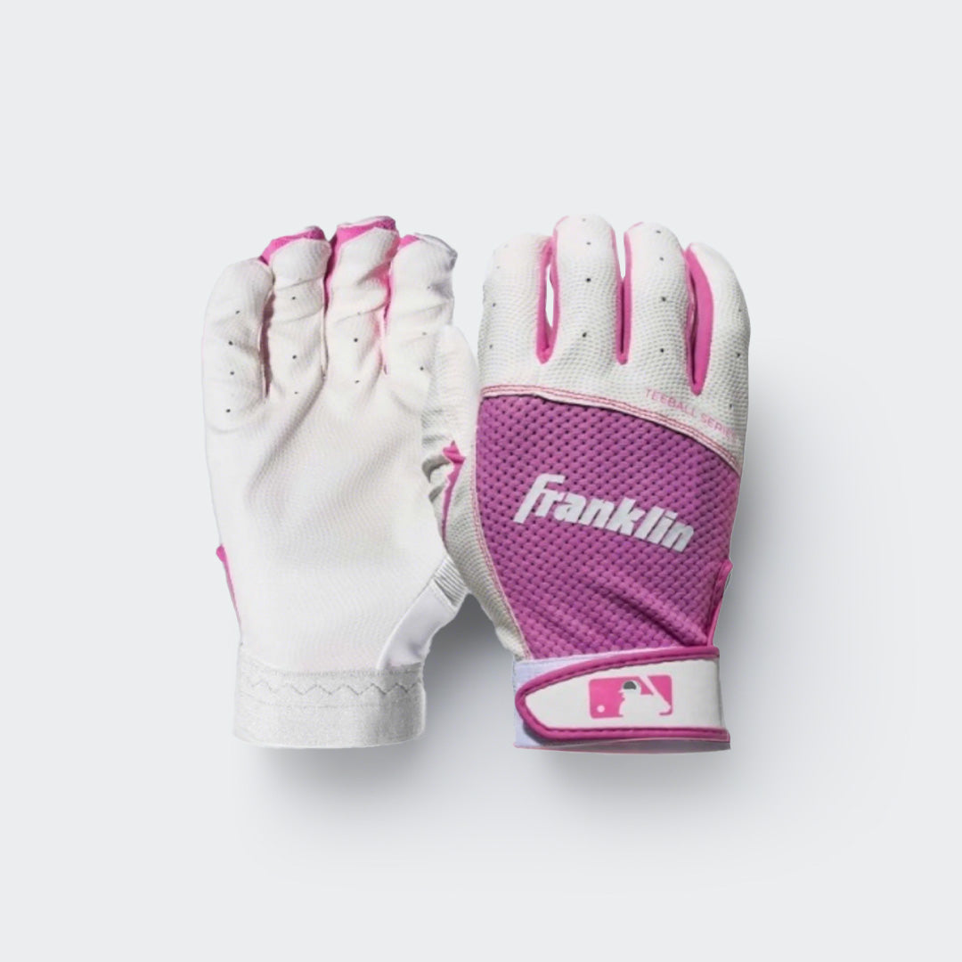 Front view of Franklin Teeball Flex Series XS pink batting gloves