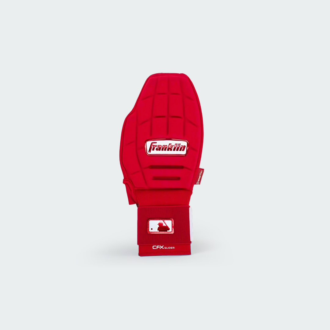 Franklin PRT Series sliding mitt in red, designed to protect baseball players’ hands during slides.