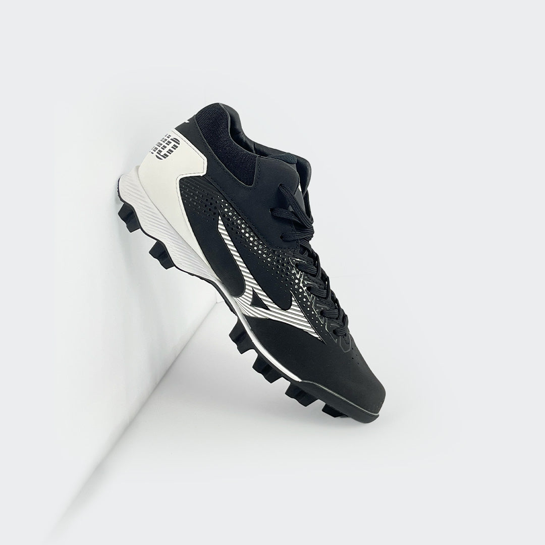 Mizuno black and white baseball shoe, side view detail