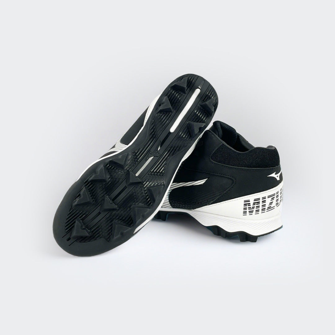 Mizuno black and white baseball shoes, sole and back view
