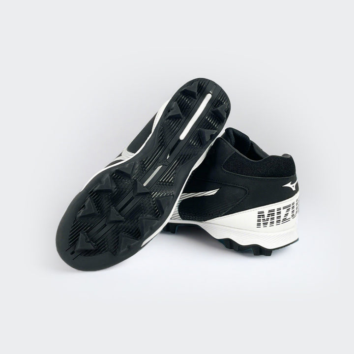 Mizuno black and white baseball shoes, sole and back view