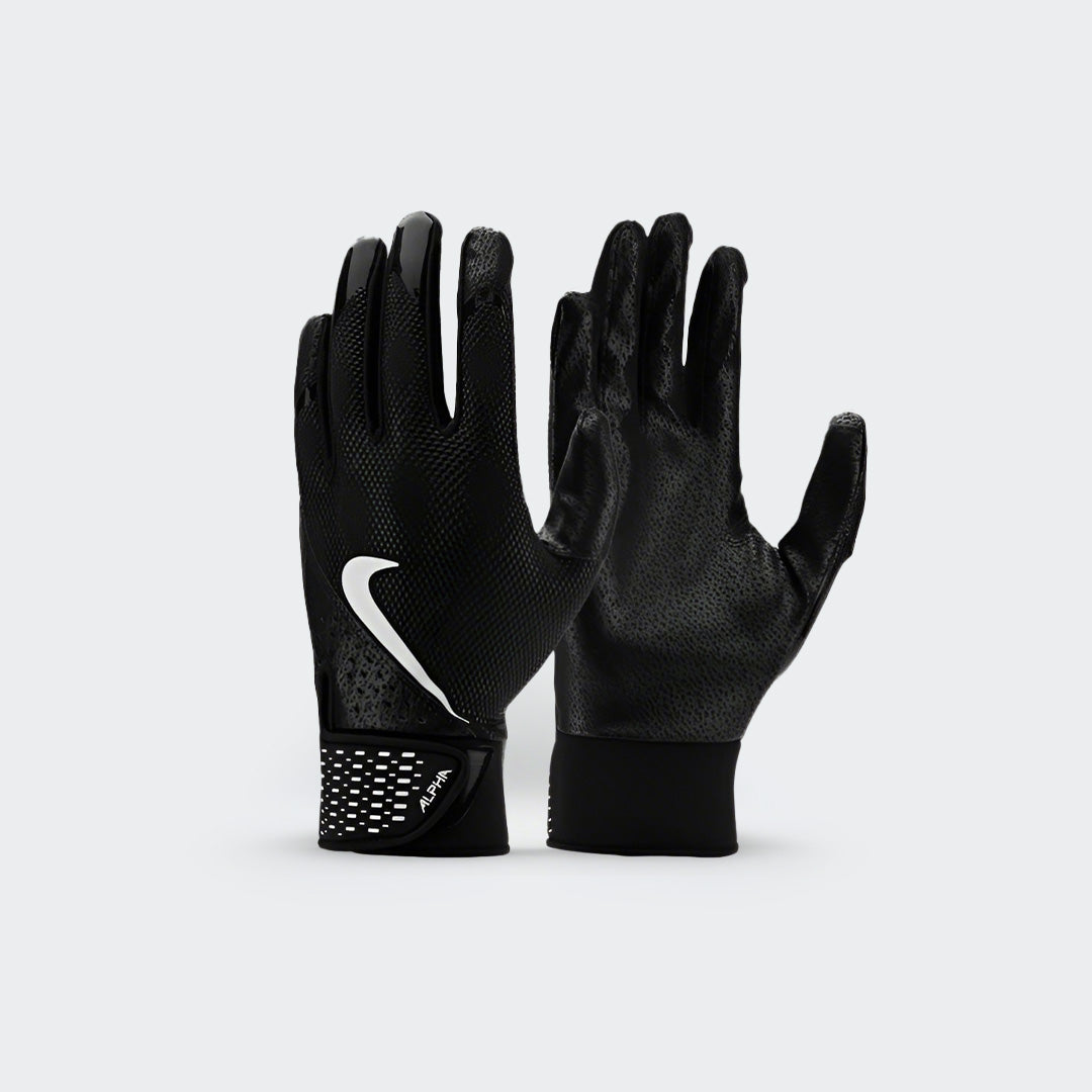 Front view of Nike Alpha black batting gloves