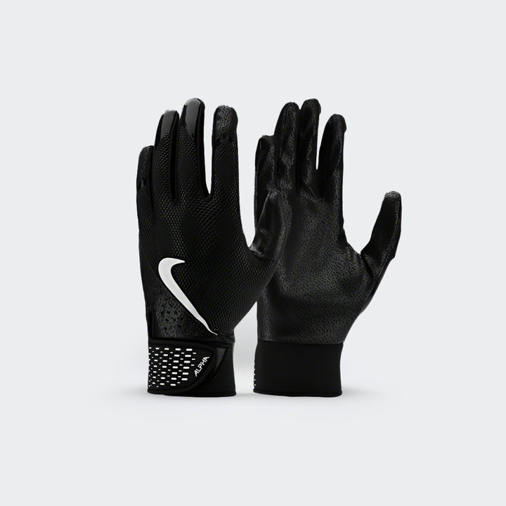 Front view of Nike Alpha black batting gloves