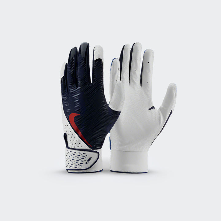 Front view of Nike Alpha blue and white batting gloves