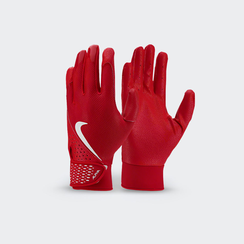 Front view of Nike Alpha red batting gloves