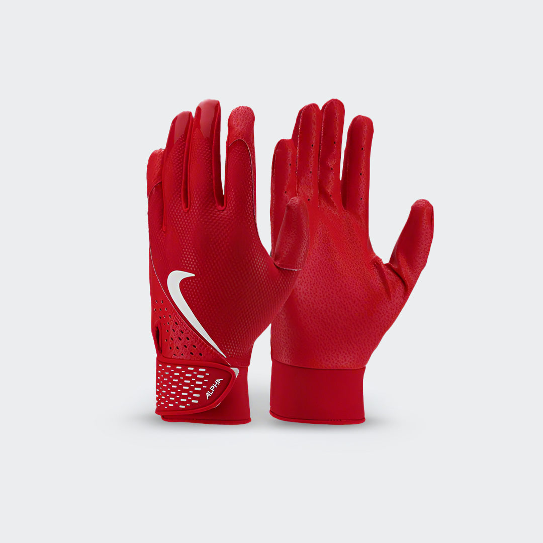Front view of Nike Alpha red batting gloves