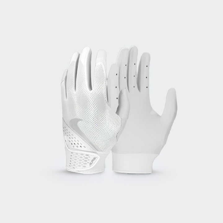 Front view of Nike Alpha white batting gloves