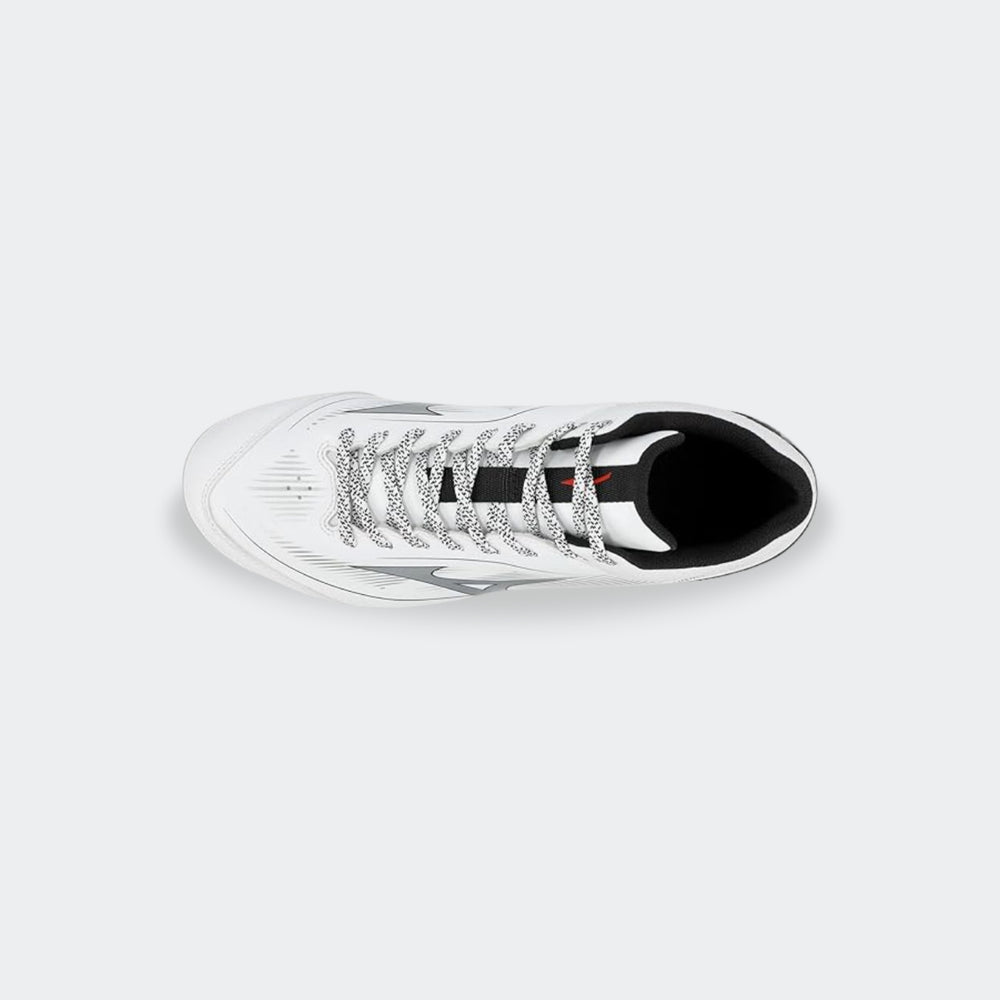 Mizuno Cushionrevo Diamond Mid TPU baseball shoe white black — top view
