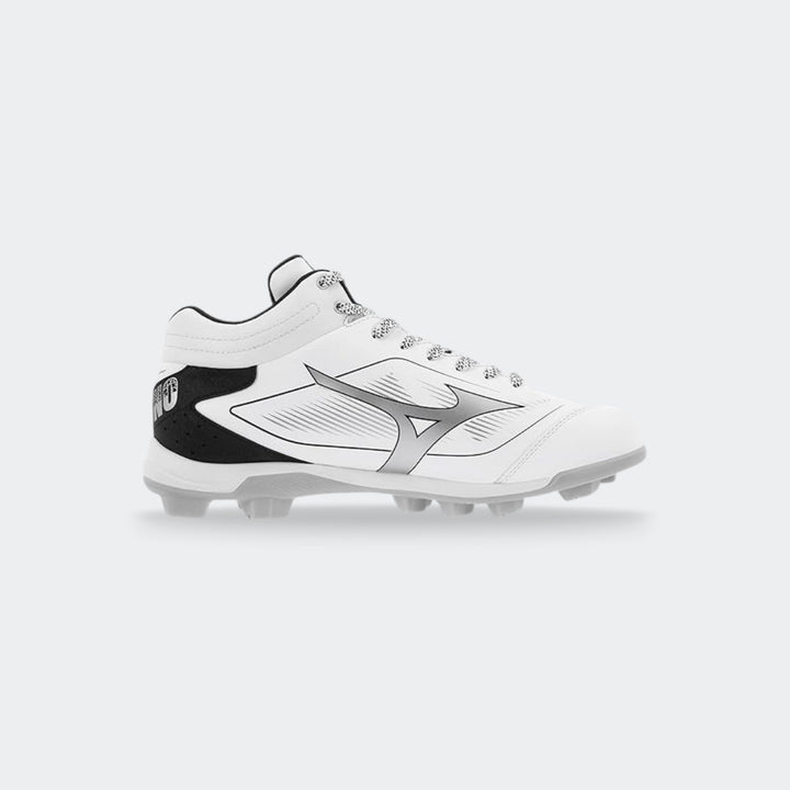 Mizuno Cushionrevo Diamond Mid TPU baseball shoe white black — side view